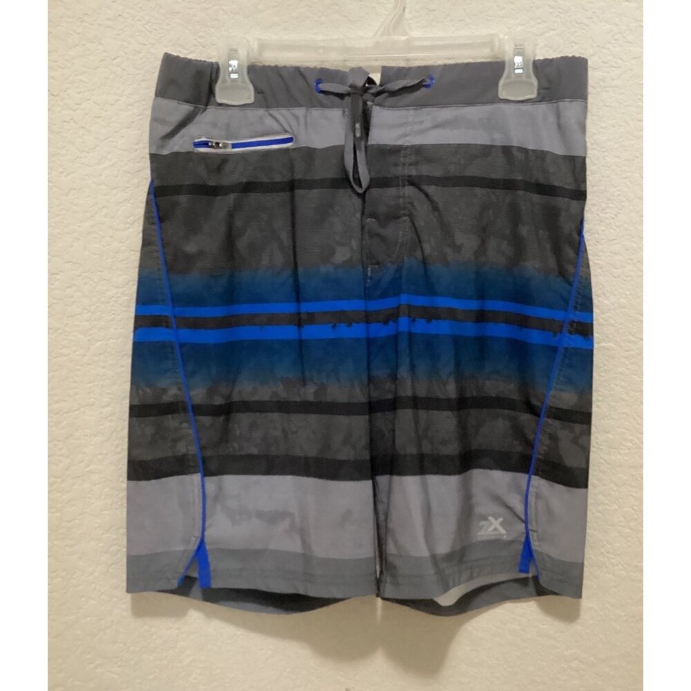 Gray & Blue Striped Swim Trunks W/Zipper Pocket & Drawstring Waist Size M